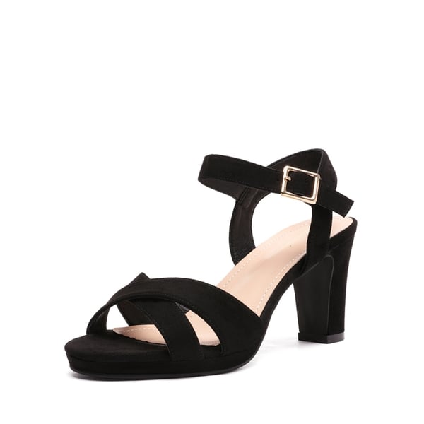 Chunky Heel Ankle Strap Sandals - BLACK SUEDE -  0